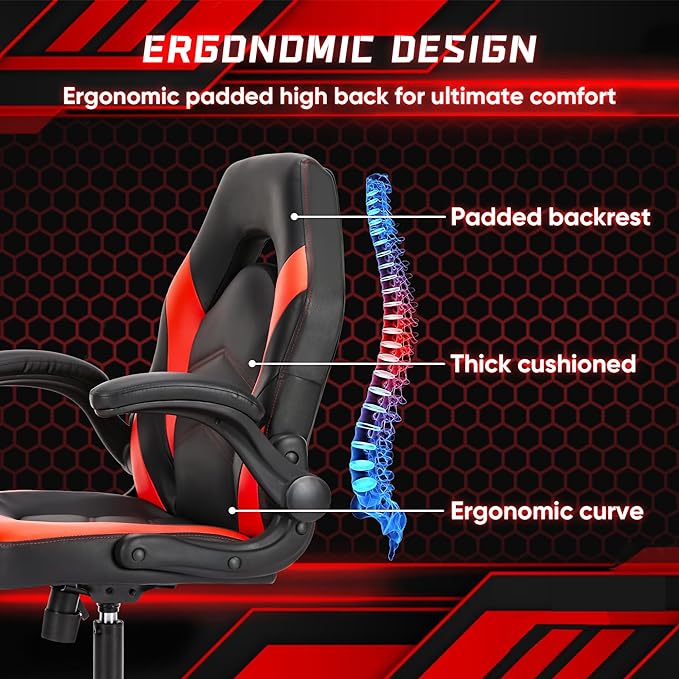 NEWBULIG Computer Gaming Desk Chair - Big Tall Ergonomic Lumbar Support with Flip-up Armrest and 360° Swivel Wheels, PU Leather Height Adjustable, for Home and Office, Red