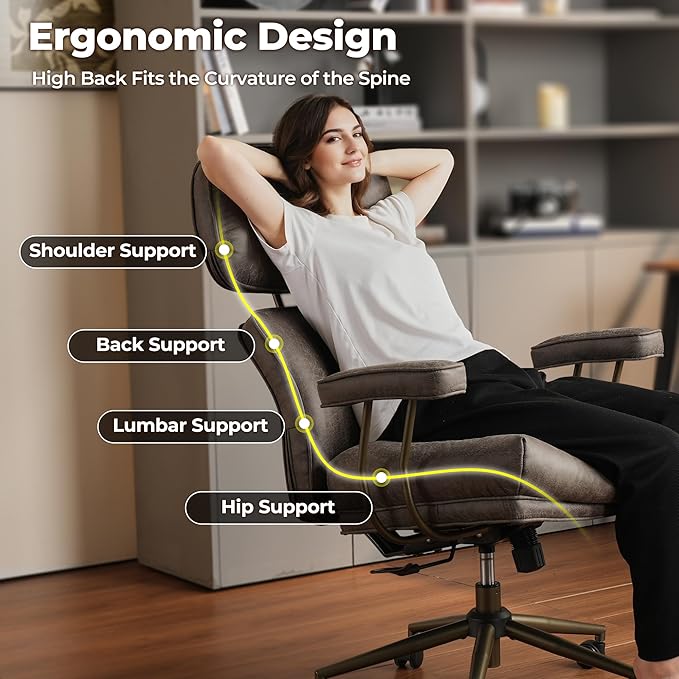 ovios Ergonomic Office Chair, High Back Faux Leather Executive Chairs with Thick Cushion, Comfy Mid-Century Modern Swivel Rolling Computer Armchair (Dark Grey, Suede Leather)
