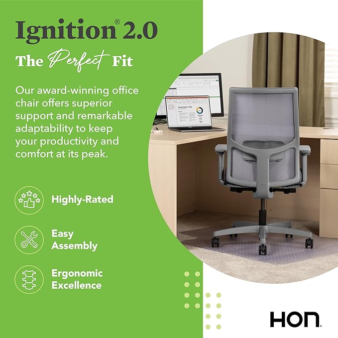 HON Ignition 2.0 Mid Back Task Chair, Advanced Synchro-Tilt Control, Office Chair with Lumbar Support, Height and Width Adjustable Arms, Titanium Frame, Frost