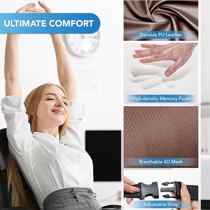 Lumbar Support Pillow for Car, Memory Foam Lumbar Pillow for Lower Back Pain Relief - Back Cushion for Driving, Chair Support for Car-Office Chair, Wheelchair - Brown
