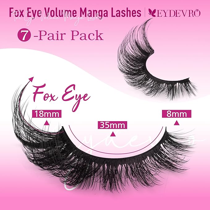 EYDEVRO False Eyelashes Fluffy Lashes D Curl Faux Mink Lashes Cat Eye Lashes Wispy Fake Lashes Fox Eye Manga Lashes Volume Strip Lashes 7 Pairs Pack