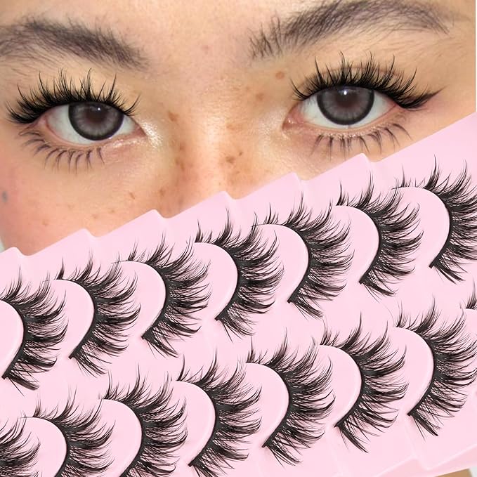 Veleasha Lashes Natural Eyelashes Manga Spiky False Eyelashes Crisscross Wispy Fake Lashes Soft 8D Effect Korean Japanese Asian Lash with Cotton Band 8 Pairs Pack (Natural)