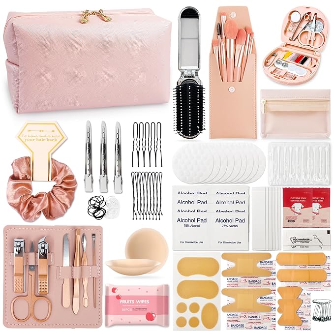 Women's Wedding Emergency Travel Kit 45 Essential Items for Brides Bridesmaid All-In-One Daily Beauty Style Set With Makeup Brushes (Sakura Pink)