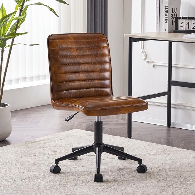Furnimart Armless Office Desk Chair Task Chair Faux Leather Upholstered Task Chair Teen Desk Chair Mid-Back 360° Swivel Adjustable Small Chair (Leather-DustYellow)
