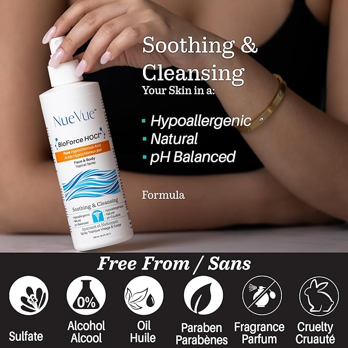 BioForce HOCl Pure Hypochlorous Acid Spray Refill for Face & Body (16.9 Oz) - Acne-Prone Skin & Eczema, Piercing aftercare, Made in Canada, Gentle Skin Cleanser & Toner, pH Balanced, Non-comedogenic