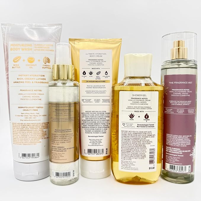 Bath & Body Works Snowflakes & Cashmere 5-Piece Gift Set | Includes: Moisturizing Body Wash, Diamond Shimmer Mist, Ultimate Hydration Body Cream, Shower Gel, and Fine Fragrance Mist