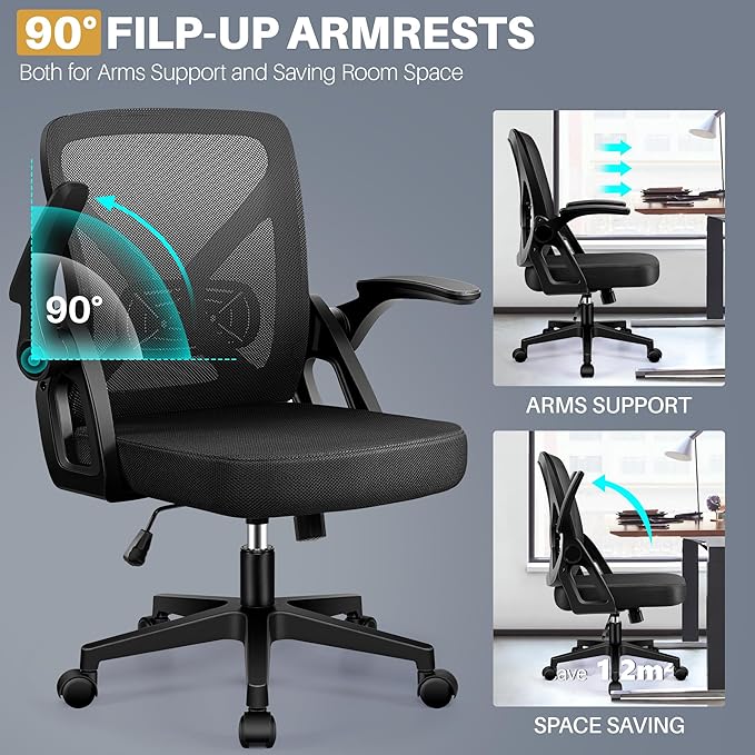 FelixKing Office Chair - Ergonomic Desk Chair Breathable Mesh Task with Wheels and Lumbar Support Home Desk Office Chairs with Flip up Armrest Rolling Swivel for Home Computer Black Pack of 6