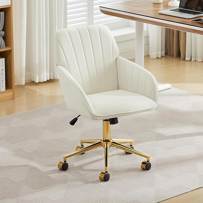 Velvet Home Office Desk Chair, Modern Cute Computer Task Chair with Back, Height Adjustable Upholstered Vanity Chair with Swivel Wheels for Women, Girls (Gold Base, Cream