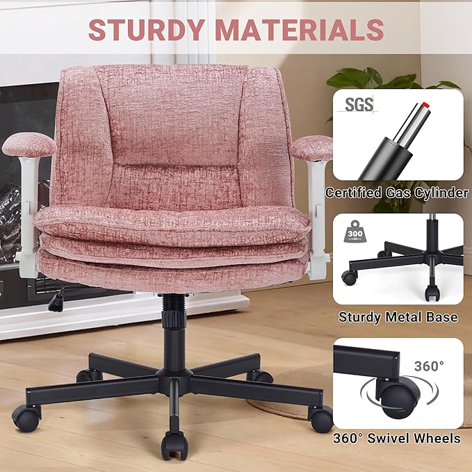 Criss Cross Chair with Wheels and Flip Arms, Upholstered Cross Legged Office Chair with 3 Layer Cushions&Dynamic Airbag Lumbar Support, Wide Seat Comfy Desk Chair for Home Office, Living Room, Pink