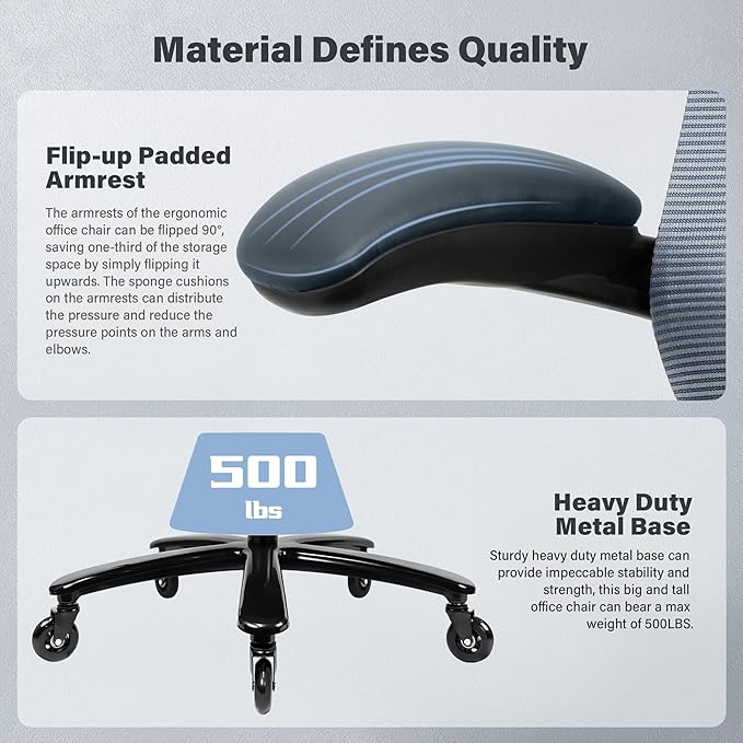 500LBS Big and Tall Office Chair with Flip-Up Armrests, Heavy Duty Office Chair for Heavy People, Memory Foam Seat Filling Springs, Grey