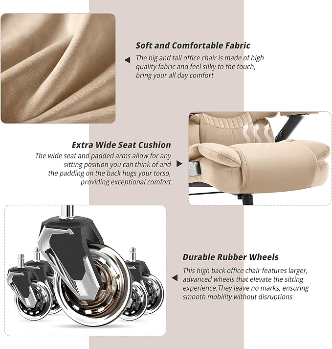Big and Tall Office Chair 700lbs- Fabric High Back Executive Computer Chair with Adjustable Lumbar Support 3D Flip Arms Plus Size Rubber Wheels- Extra Wide Large Desk Chairs, Heavy Duty Metal Base