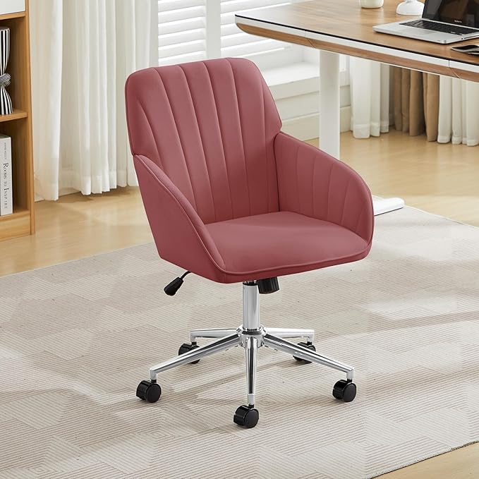 Velvet Home Office Desk Chair, Modern Cute Computer Task Chair with Back, Height Adjustable Upholstered Vanity Chair with Swivel Wheels for Women, Girls (Silver Base, Rose