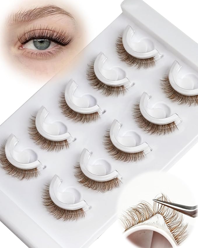 Brown Waterproof Reusable Self Adhesive Eyelashes 5 Pairs Stick on False Eyelashes, Pre Glued Lashes, No Glue Needed, Wispy Glueless Lashes Reusable Self Adhesive False Eyelashes (Brown 864)