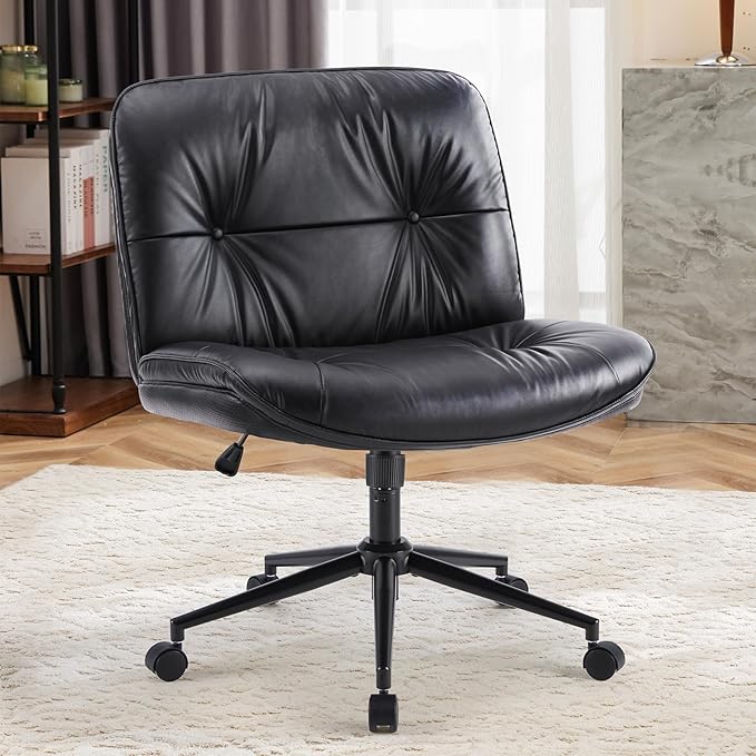 OLIXIS Criss Cross Chair with Wheels Armless Wide Cross Legged Vanity Office Desk Chair with Comfy PU Leather& Back - Swivel for Home Office Bedroom, Black