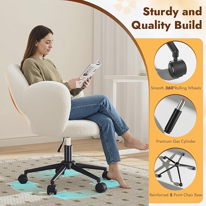 Flower Vanity Chair, Cute Petal Desk Chair with Wheels, Height Adjustable & Armless Swivel Makeup Task Chair for Relaxation, Study, White