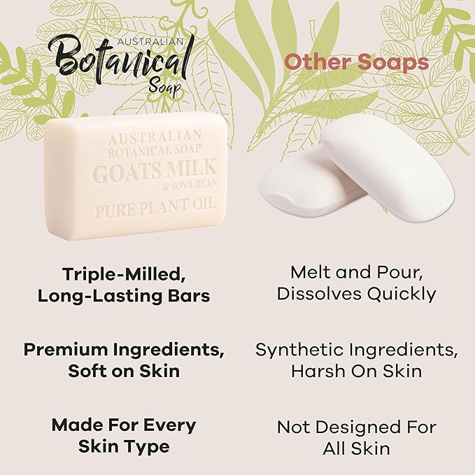 Australian Botanical Soap 6.6 OZ, Pack of 8, Goat Milk Soap Bars with Soya Bean Oil, Enriched with Organic Shea Butter, Suitable for All Skin Types, Packaging May Vary