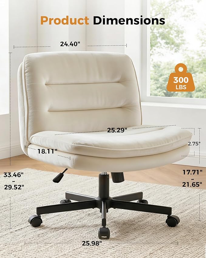 COMHOMA Cross Legged Office Chair with Wheels Armless-Office Desk Chair, Modern Vanity Computer Task Chairs for Home Bedroom, Comfortable Wide Seat for Lower Back Pain Relief, Soft Velvet, Beige
