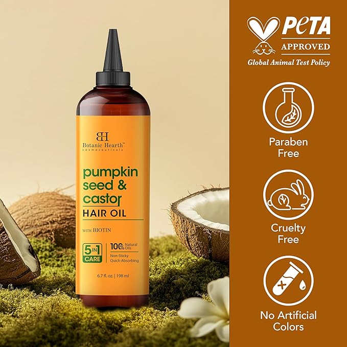 Botanic Hearth 100% Pure Pumpkin Castor Oil For Hair Growth & Hair Treatment Oils 6.7 Fl oz | Infused with coconut Oil | Hair Oil Repairs Dry Damaged Hair, Strengthening, Healthier | All Hair Types