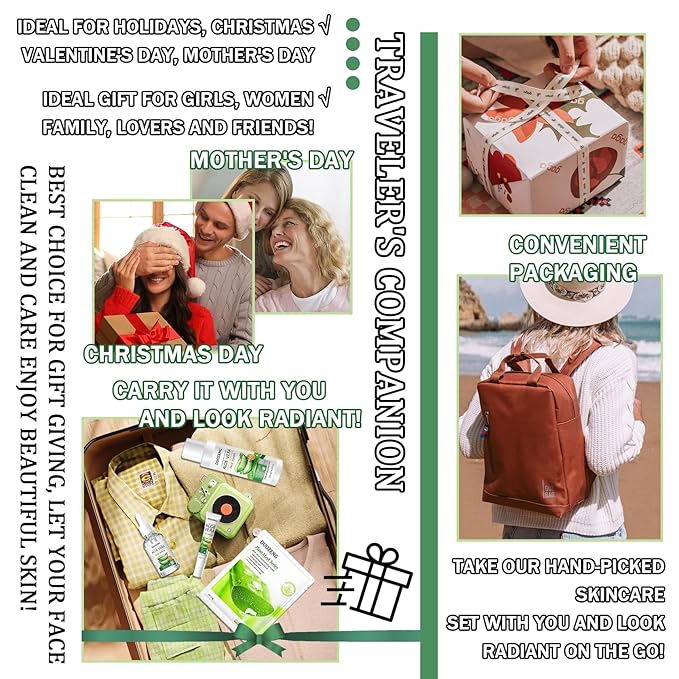 Skin Care Kit,Skincare Gift Set with Facial Cleanser,Toner,Serum,Eye Cream, Face Cream,Exfoliating Gel,Sleeping Lip Mask & 3 Pcs Aloe Vera Mask Kit for Women(10 Count)