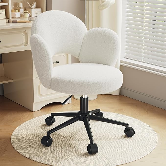 Flower Vanity Chair, Cute Petal Desk Chair with Wheels, Height Adjustable & Armless Swivel Makeup Task Chair for Relaxation, Study, White