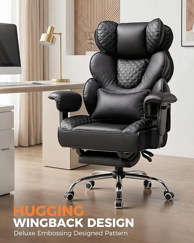 COMHOMA Big and Tall Office Chair with Upgrade Footrest, Heavy Duty Gaming Chair High Back Executive Chair with Spring Lumbar Support for Lower Back Pain Relief, 150°Reclining Adjustable Armrests