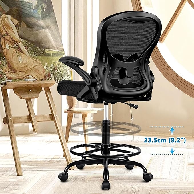 Winrise Drafting Chair, Tall Office Chair Ergonomic Standing Desk Chair, Lumbar Support Computer Chair Swivel Task Rolling Chair with Adjustable Flip-up Armrests Black Pack of 4
