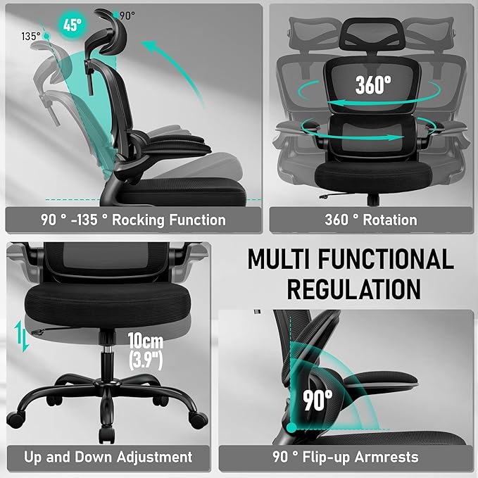 High Back Ergonomic Office Chair, Breathable Mesh Desk Chair with Lumbar Support, Adjustable Headrest, Flip-up Armrests, Computer Gaming Chair, (Black, 10Pack)