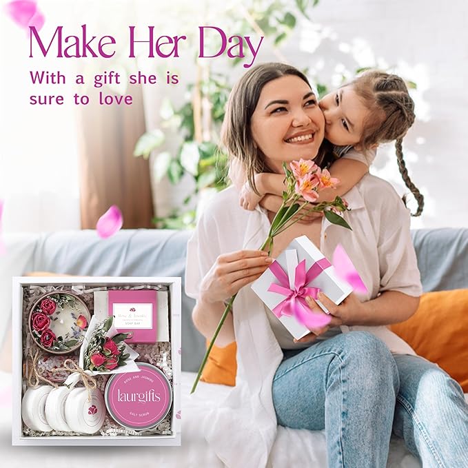 Spa Gift Set for Women – Rose & Jasmine Candle Gift Set with Bath Treats – Birthday Gift Basket for Women, Mom or Friend – Relaxing Self Care Spa Box