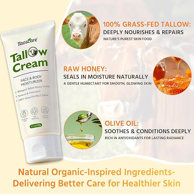 Beef Tallow for Skin, 100% Grass-Fed Whipped Tallow Balm – Organic Moisturizer for Face & Body – Deep Hydration for Dry & Sensitive Skin – Natural Tallow Cream