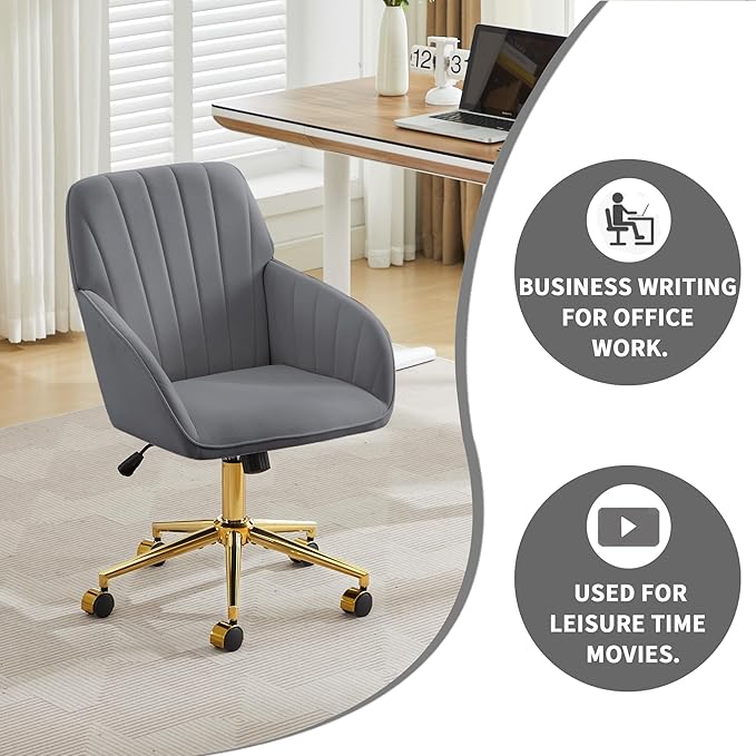 YITAI Velvet Office Desk Chair with Wheels and Gold Base,Modern Height Adjustable 360 Degree Swivel Upholstered Vanity Chairs with Arms for Living Room Bedroom, Study,Gray