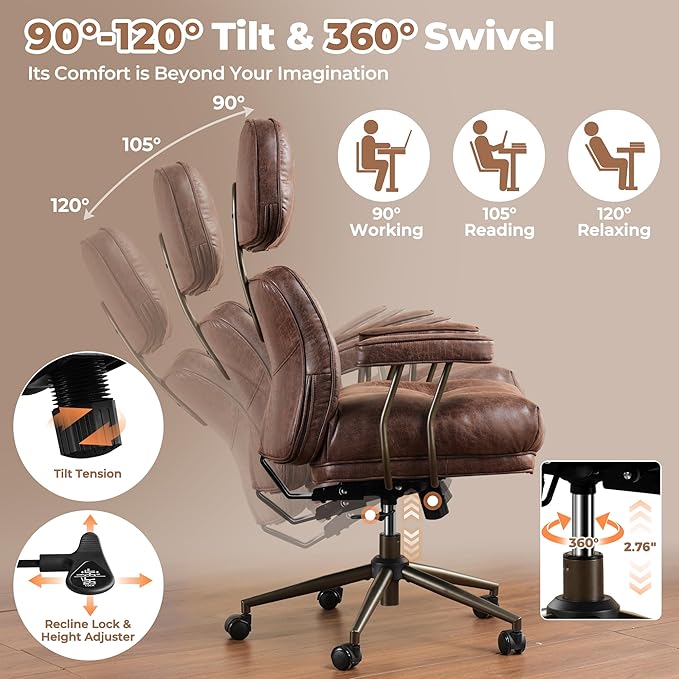 ovios Ergonomic Office Chair, High Back Faux Leather Executive Chairs with Thick Cushion, Comfy Mid-Century Modern Swivel Rolling Computer Armchair (Dark Brown, Suede Leather)