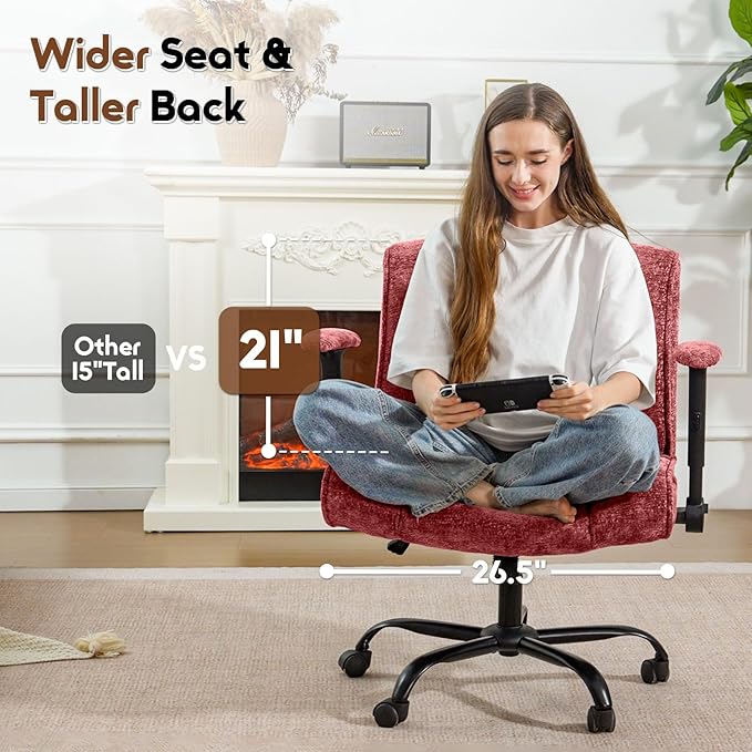 Criss Cross Chair with Wheels & Flip Arms, Wide Cross Legged Office Chair with Adjustable Tilt Criss-Cross Desk Chair with Lumbar Support for Home Office, Bedroom, Apartment Red
