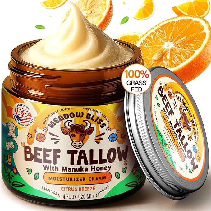 Beef Tallow for Skin - Moisturizer Cream - 100% Grass Fed - Whipped Beef Tallow - Manuka Honey - Organic Jojoba Oil, Shea Butter - Supports Eczema, Rosacea - USA - Citrus Breeze - 4 oz