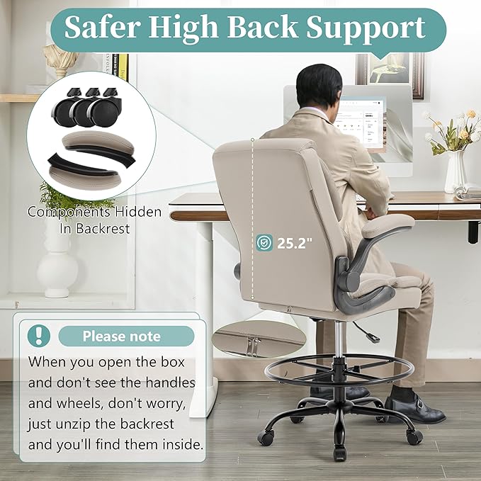 Ergonomic Drafting Chair, Tall Office Chair for Standing Desk, High Back Standing Desk Chair with Flip-Up Armrest, Adjustable Height&Foot Ring, Executive PU Leather Extended Height Office Chairs,Beige