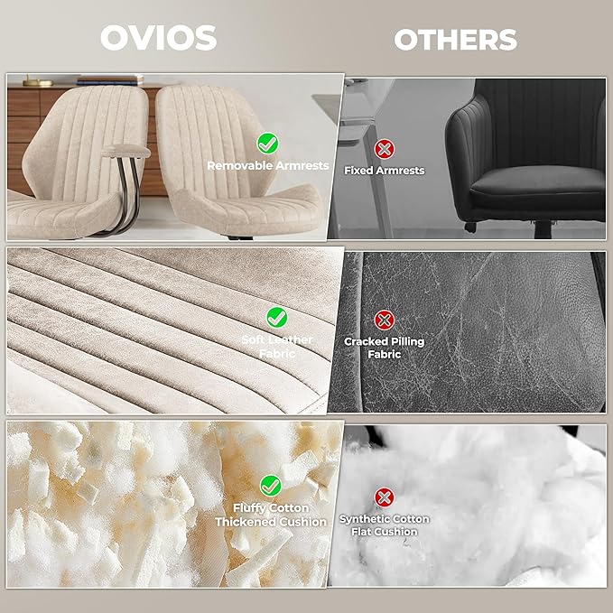 ovios Ergonomic Office Chair, Mid Back Faux Leather Executive Chairs with Armrests, Comfy Mid-Century Modern Swivel Rolling Computer Armchair (Beige, Suede Leather)