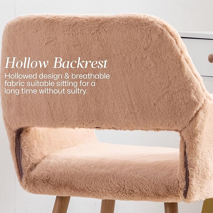 Home Office Faux Fur Desk Chair, Fluffy Makeup Vanity Chair, Comfy Accent Armchair with Wood Grain Metal Legs, Cute Dining Chair with Hollowed Back, Camel