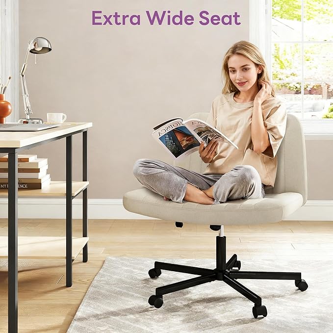 Criss Cross Chair, Extra Wide Armless Rolling Office Desk Chair with Wheels, Plus Size Viral Vanity Legged Chair, Bedroom Beige