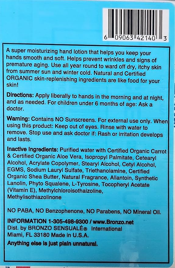 Organic Carrot Hand Lotion – Ultra-Hydrating Daily Moisturizer with Aloe & Shea Butter, Stress-Relieving Aromatherapy, Vegan & Cruelty-Free, by Bronzo Sensuale 8.5 fl oz