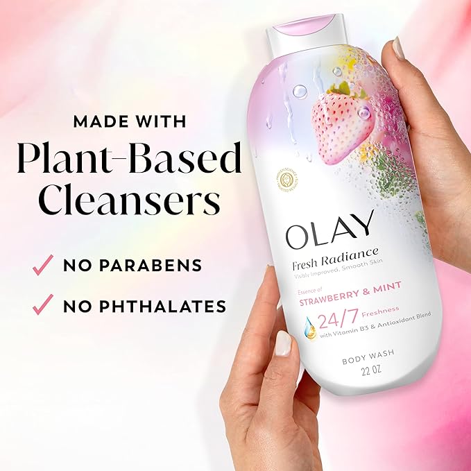 Olay Body Wash for Women, Fresh Radiance, 24/7 Skin-Loving Freshness, Visibly Radiant, Plant Based Cleansers, Vitamin B3 & Antioxidant Blend, For All Skin Types, Strawberry & Mint Scent, 22 fl oz