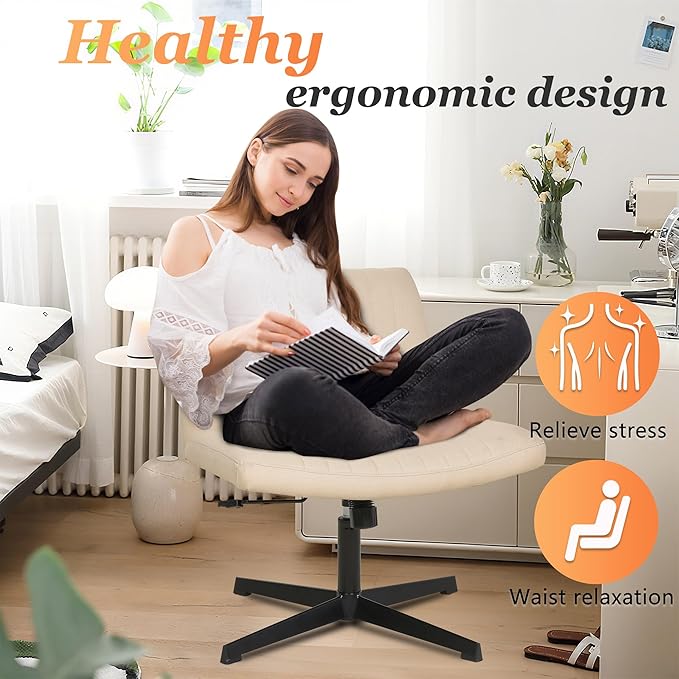FDW Criss Cross Chair Armless Cross Legged Office Desk Chair Adjustable Swivel Ergonomic Desk Chair No Wheels U Shaped Backrest with Wide Seat Native Sponge Computer Task Vanity Chair for Home Office