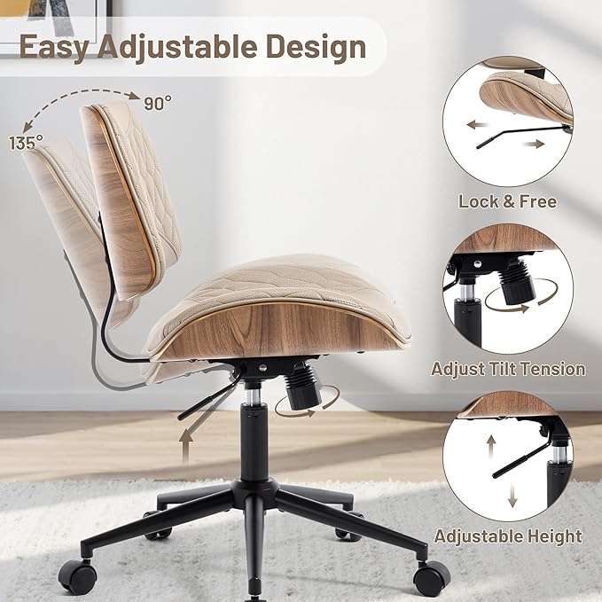 Walnut Bentwood Mid Back Armless Office Chair 1 Pack, Adjustable Height PU Leather Swivel Desk Chair with Wheels, Rolling Computer Task Chair for Home Office, Study, Meeting Room