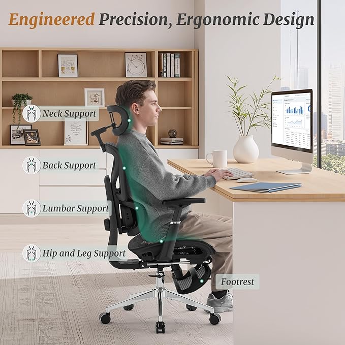 Ergonomic Office Chair with Footrest - 5-Level Adjustable Lumbar Support & 90-135°Recline, 3D Headrest & 4D Armrests, Breathable Mesh Seat Computer Chair for Home Office, Gaming, Black