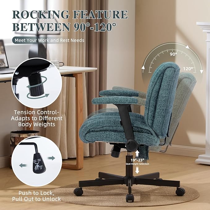 Criss Cross Legged Office Chair with Flip-Up Arms and Wheels, Wide Seat Desk Chair with Built-In Dynamic Airbag Lumbar Support, Modern Cross-Leg Chair for Home Office, Apartment, Vanity, Dark Green
