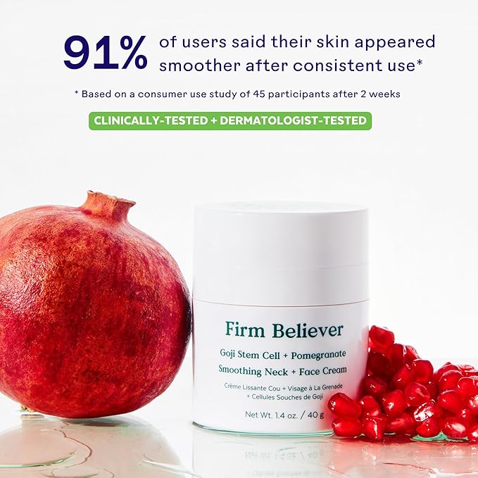 Three Ships - Firm Believer Goji Stem Cell + Pomegranate Smoothing Neck + Face Cream | Moisturize, Smooth, Tone Skin | Cruelty-Free, Vegan, Paraben-Free, Sensitive Skin Safe (1.4 oz | 40 g)