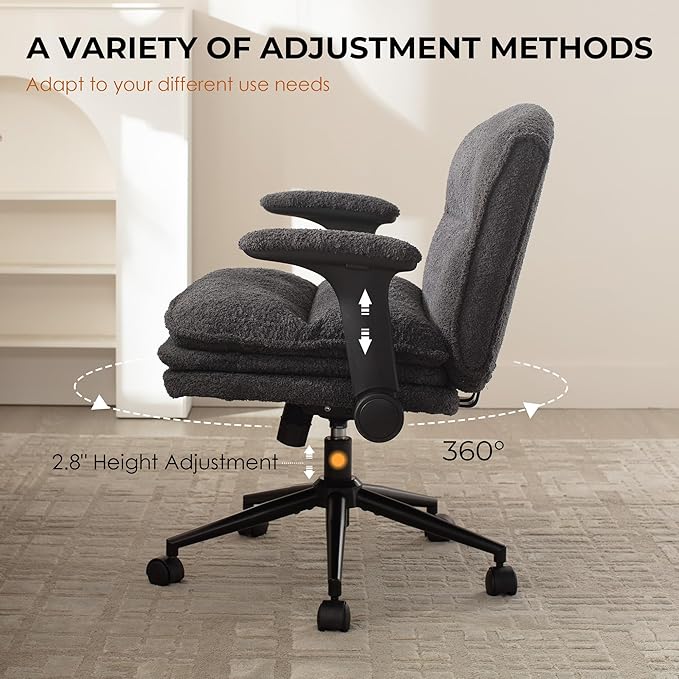 Dowinx Criss Cross Chair with Adjustable Flip-up Arms and Wheels, Comfort Ergonomic Office Desk Armchair with 3 Layer Cushions, Wide Seat Vanity Chair for Home Office, Living Room, Bedroom, Black