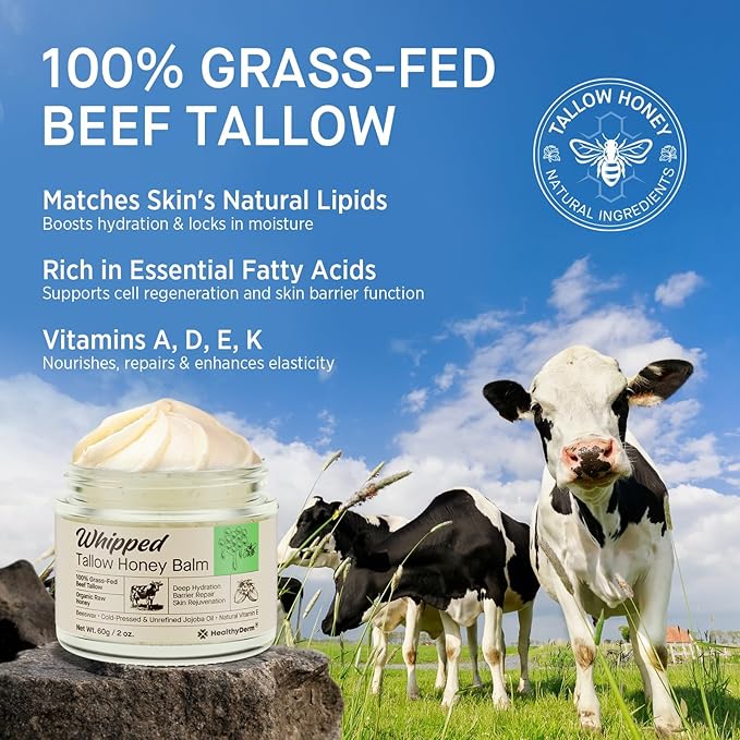 Beef Tallow Honey Balm for Skin: 100% Grass Fed Organic Moisturizer with Organic Raw Honey, Jojoba Oil, Vitamin E – Natural Face and Body Care for Mature, Dry or Sensitive Skin, 2oz, Pack of 2