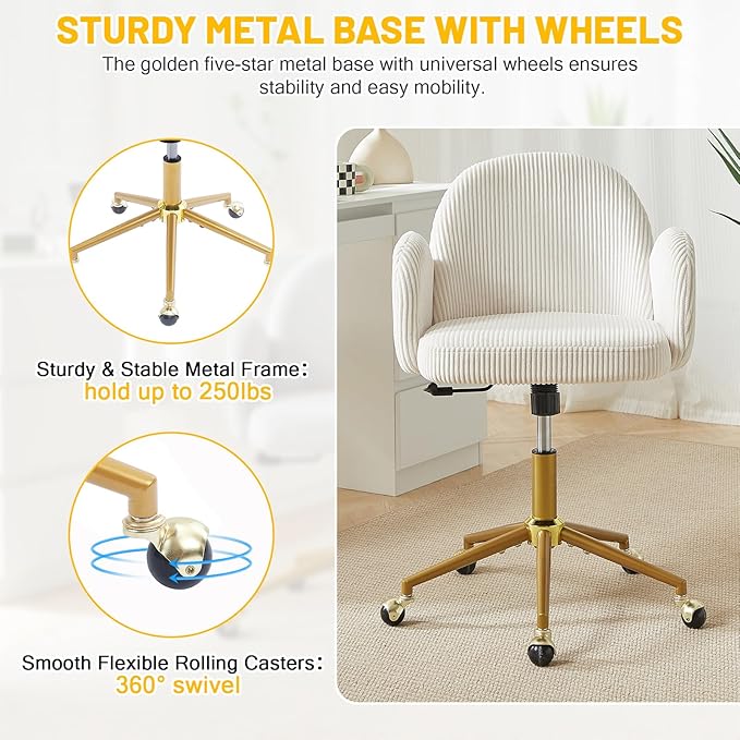 Home Office Chair with Petal Backrest, Corduroy Upholstered Desk Chair with Adjustable Swivel Wheels, Ergonomic Chairs for Living Room, Bedroom, Office, Study, Flower Cute Girls Vanity Chair(Beige)