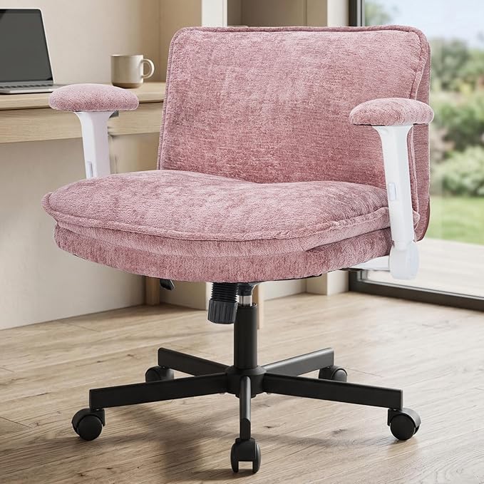 Cross Legged Office Chair, Height Adjustable Swivel Desk Chair with Flip-Up Arms, Padded Criss Cross Chair for Home Office & Bedroom