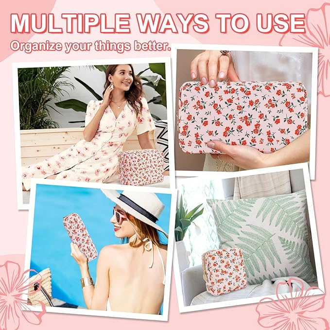 Waterproof Large Floral Makeup Pouch,Nylon Travel Toiletry Storage Purse Preppy Cosmetic Bag for Women Girl,Large Capacity Makeup Organizer Zipper Pouch for Work(L Pink-Flowers)
