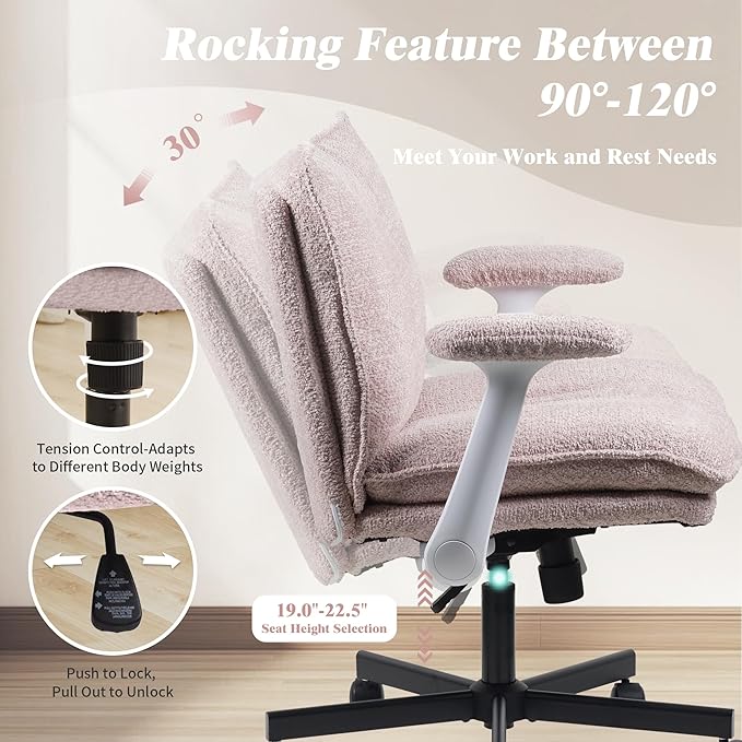 Criss Cross Legged Office Chair with Wheels and Flip-Up Arms, Upholstered Criss Cross Desk Chair, Wide Seat Chairs for Home Office, Vanity, Apartment, Pink